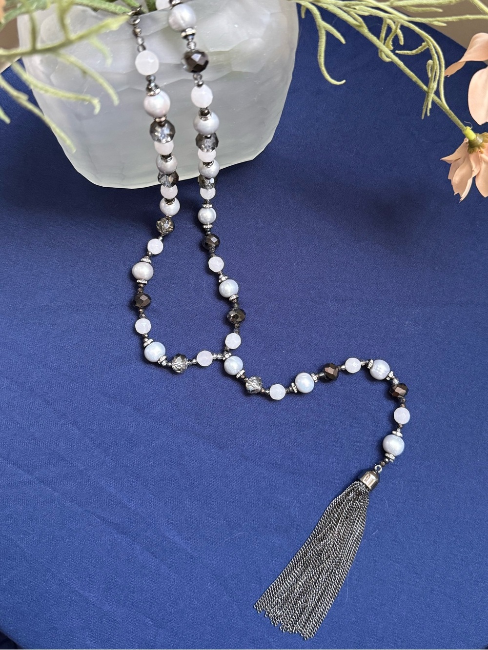 Elegant White, Gray and Silver Beaded Tassel Necklace